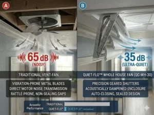 Infographic comparing decibel levels of a standard fan vs a quiet whole house fan.