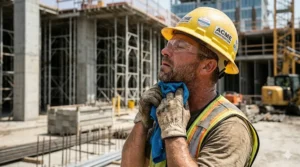 Construction worker using a cooling towel around their neck for heat stroke prevention.