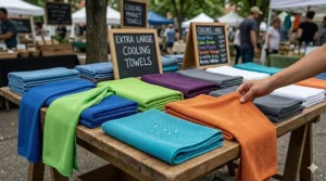 A collection of extra large cooling towels displayed in various vibrant color options.