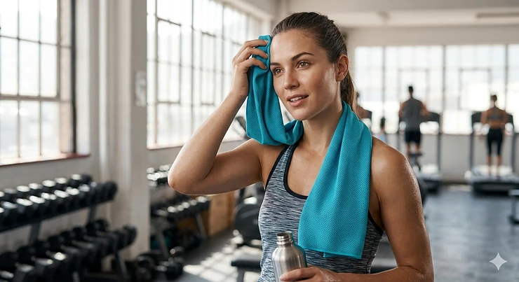 A person using a blue cooling towel for gym workouts to stay refreshed.