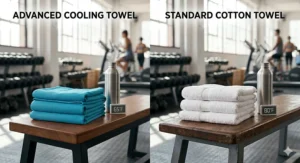 Comparison graphic showing a cooling towel for gym vs a standard cotton towel.