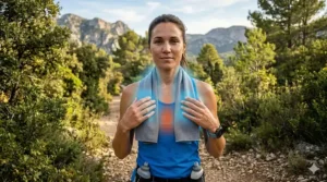 Demonstrating the proper way to tie a cooling towel around the neck for maximum comfort while running.