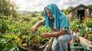 A person working in the garden wearing an extra large cooling towel to prevent overheating in summer heat.