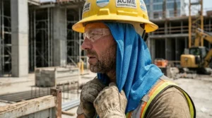 Worker wearing a cooling towel comfortably under a hard hat for sun protection.