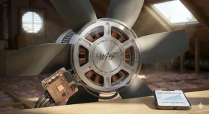 Close-up of an energy-efficient whole house fan motor and blade system.