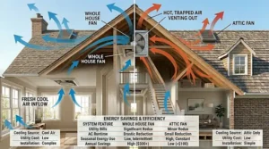 Infographic comparing energy consumption of whole house fans vs attic fans.