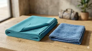 An extra large cooling towel folded neatly next to a standard towel to show size comparison.