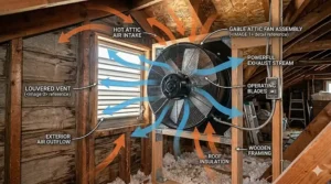 Diagram showing how a gable attic fan pulls hot air out of the attic space.