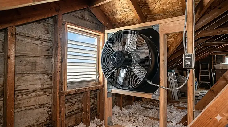 A professional gable attic fan installed in a residential attic wall for improved ventilation.