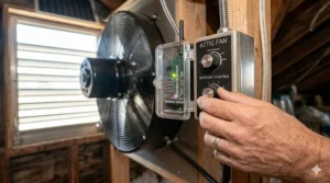 A thermostat control unit used to automate gable attic fan operation.