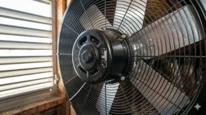 A close-up view of a modern electric gable attic fan motor and blades.