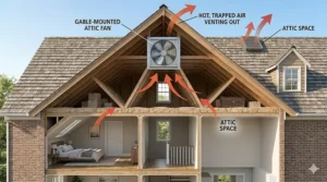 Illustration of an attic fan venting hot air out through the roof gable.
