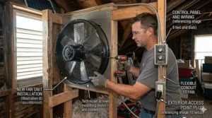 A technician mounting a new gable attic fan into the attic's side wall.