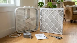 Necessary materials including a box fan and a MERV-13 air filter.
