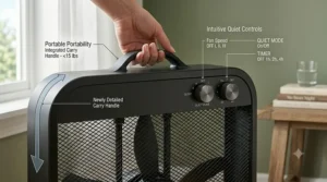 A portable quiet box fan showing easy-carry handles and speed controls.