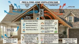 Simple chart highlighting the key pros and cons of whole house vs attic fans.