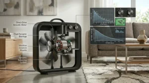 A quiet box fan placed discreetly in a contemporary living room.