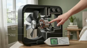 Graphic demonstrating noise reduction levels of a quiet box fan.