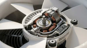 Close-up of energy-efficient motor technology in a quiet whole house fan.