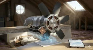 Illustration of quiet-operation technology in the best whole house fan models.