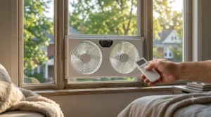 A modern window fan showing its remote control and digital display.