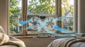 Diagram showing a window fan with reversible airflow settings.
