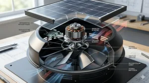 Diagram showing the internal components and solar panel of a solar attic fan.