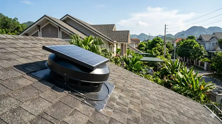 Professional solar attic fan installed on a shingled roof for home cooling.