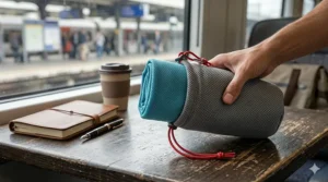An extra large cooling towel packed inside a compact, breathable carry pouch for travel.