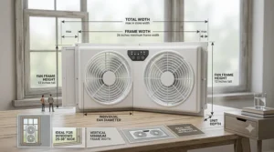 An infographic showing standard size measurements for a twin window fan.