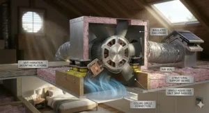 Cross-section view of a whole house fan properly mounted in an attic space.