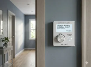 Wall-mounted control panel for operating a quiet whole house fan.