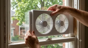 Close-up of hands installing a dual-blade window fan into a frame.