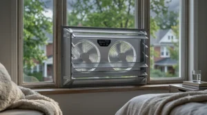 Close-up of a weather-resistant best window fan with storm guards.