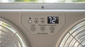 A digital window fan control panel highlighting the built-in thermostat.