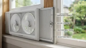 Reversible window fan featuring adjustable side panels for a secure, custom fit in various window sizes.