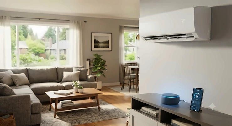 A modern smart air conditioner mounted in an American living room, controlled via Alexa.