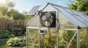 A digital thermostat controlling a solar fan for greenhouse airflow management.