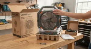 A new battery powered box fan freshly unboxed and ready for assembly.