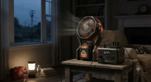 A reliable best battery powered fan plugged into a portable power station during an emergency power outage.