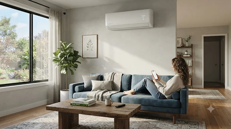 Modern best smart air conditioner unit installed on a clean living room wall.