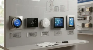 A variety of modern smart thermostats for AC compatible with standard residential HVAC systems.