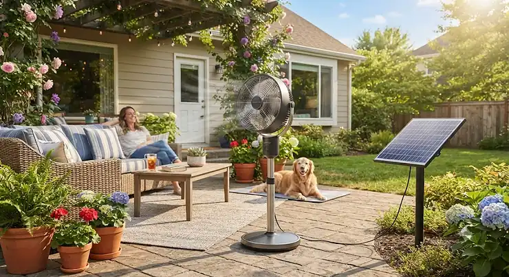 A modern best solar powered fan cooling a cozy American backyard patio on a sunny afternoon.