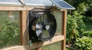 Close-up of a high-efficiency solar-powered greenhouse exhaust fan mounted on a wooden frame.