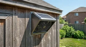 Best solar powered shed exhaust fan mounted on a wooden wall to improve airflow.