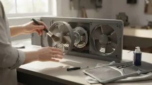 Step-by-step view of removing the front grill to clean the blades of a twin window fan.