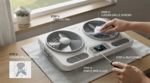 Illustrated instructions for safely cleaning the blades of a window fan with thermostat.
