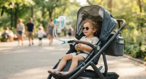 A small best battery powered fan clipped securely to a baby stroller to keep a toddler cool on a hot afternoon.