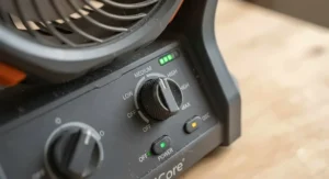 Close-up view of the control panel and speed settings on a battery powered box fan.