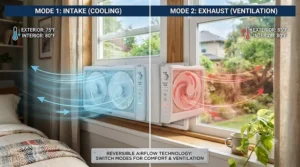 Comparison chart showing the difference between intake and exhaust settings on a reversible window fan.